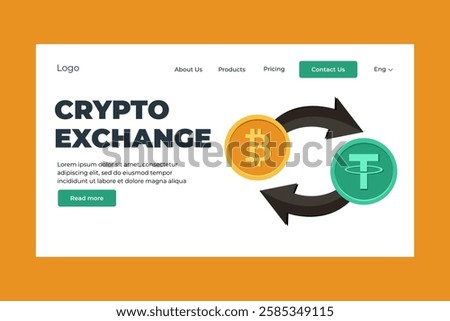 Futuristic crypto exchange landing page with illustration of Tether (USDT) and Bitcoin (BTC) swapping. Illustration with symbolic elements of currency transactions in vector style. For websites.