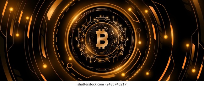 Futuristic cryptocurrency Bitcoin against the background of a hi-tech board with HUD circles. Digital coin for banner, website or presentation. Vector illustration. EPS 10.