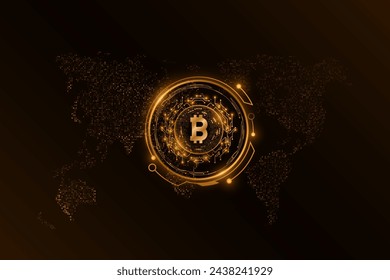 Futuristic cryptocurrency Bitcoin against the background of a hi-tech board with HUD circles. Digital coin for banner, website or presentation. Vector illustration. EPS 10.