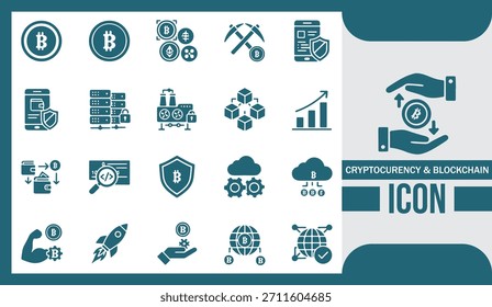 Conjunto de iconos de Tecnología de criptomonedas y blockchain futuristas para finanzas digitales y redes descentralizadas