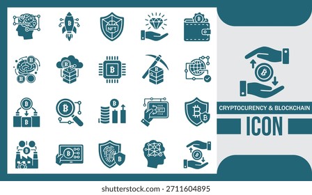 Conjunto de iconos de Tecnología de criptomonedas y blockchain futuristas para finanzas digitales y redes descentralizadas