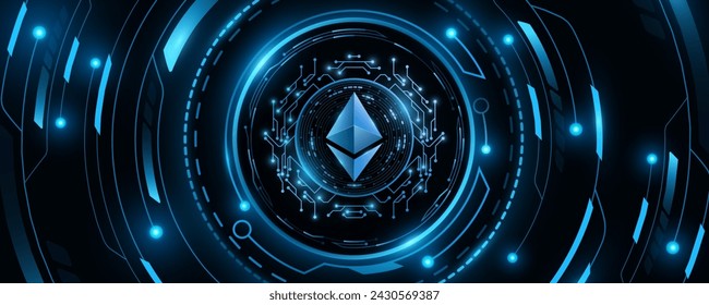 Futuristic cryptocurrency Ethereum against the background of a hi-tech board with HUD. Digital coin for banner, website or presentation. Vector illustration. EPS 10.
