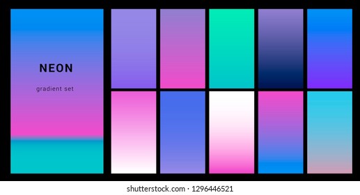Futuristic cuberpunk neon palette, gradient swatches for design. Trendy pastel colors: purple, blue, and pink duotone gradients, retro noir 80s-90s aesthetics.