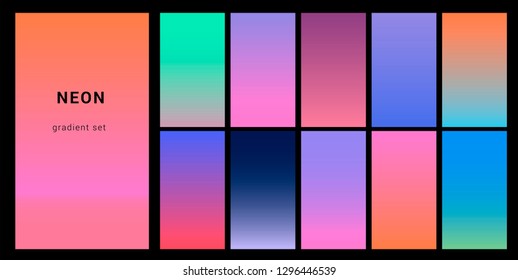 Futuristic cuberpunk neon palette, gradient swatches for design. Trendy pastel colors: purple, blue, and pink duotone gradients, retro noir 80s-90s aesthetics.