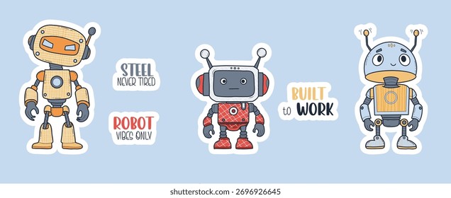Conjunto de pegatinas de robot de dibujos animados lindo futurista. Personajes de asistente de Tecnología aislados divertidos con un eslogan genial. Ilustración vectorial. Mascota Avatar. No la IA. Colección de niños. 