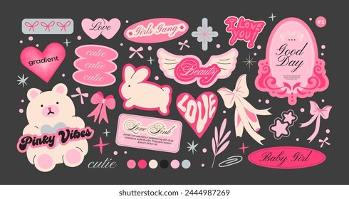 Futuristic cute pink y2k patches, labels, tags, stickers, stamps in retro 90s coquette style. Hearts, bears, bunnies, stars. Stickers in funky hipster grunge 90s style. Vector set, trendy promo labels