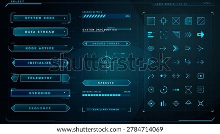 Futuristic cyan HUD asset bundle with system buttons, diagnostics panel, loading metrics, network status bar, target reticle and icon grid layout