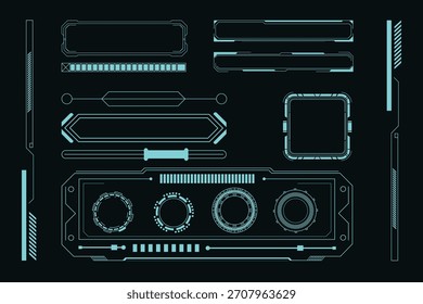 Conjunto de bordes HUD cian futurista con Elementos de interfaz de neón digital para diseños de interfaz de usuario y tecnología de ciencia ficción.