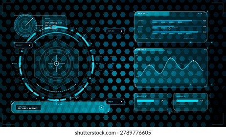 Futuristic cyan HUD dashboard with circular scan interface, hexagon pattern, data selection panels, result graph and module status on dark grid