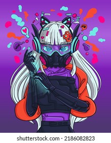 Futuristic Cyber Anime girl with headphones and robotically costume. Manga digital women on purple background. Cyberpunk girl Asian illustration