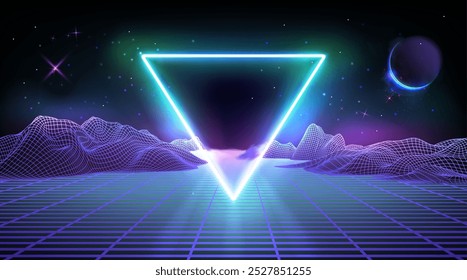 Fundo cibernético futurista com neon abstrato brilho azul e roxo 3d wireframe mapa de montanha com planetas no espaço e triângulo de luz brilhante. Nova onda retrô, techno e onda síncrona cósmica bg.