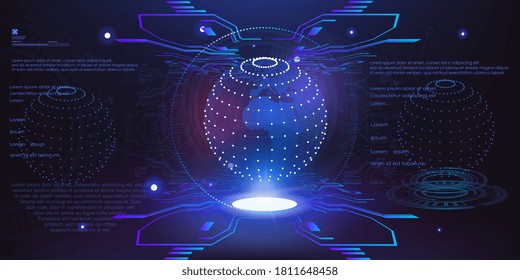 Futuristic cyber background with a glowing ball. Holographic 3D shiny ball with dots or segments. User interface with HUD, GUI, UI elements. Vector background
