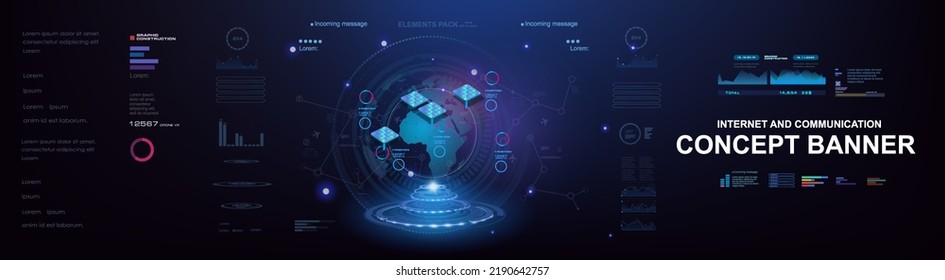 Futuristic cyber banner with HUD elements. Internet technologies and communications on a futuristic background. The process of exchanging information and data through the global Internet