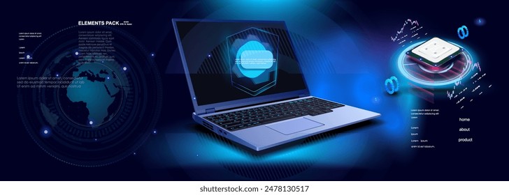 Futuristischer Cyber-Banner mit offenem Laptop und Computerprozessor. Präsentation des neuesten Notebook-Modells. Cyber-Banner mit Rechner und Zentraleinheit. Moderne Computertechnologien und Entwicklungen