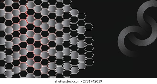 Futuristic cyber black 3d hexagon pattern with red neon highlights. Sleek and modern hi-tech design for technology presentation, digital gaming interfaces or cybersecurity background. Vector.
