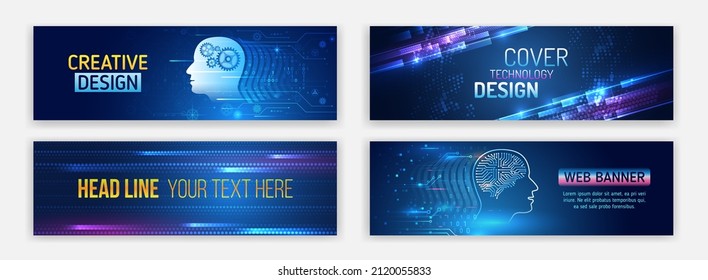 Cibercerebro Futurista para sitios web. Concepto de negocios de inteligencia artificial. Fondo web de encabezado horizontal. Diseño de alta tecnología con elementos tecnológicos. Concepto de ciencia y tecnología digital.