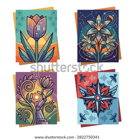 Futuristic cyber flowers collection with technology elements and cosmic art