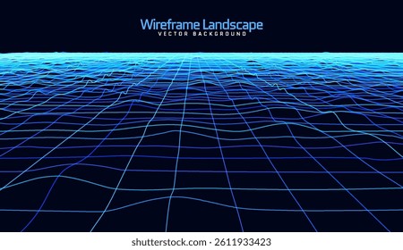 Futuristic cyber grid with a retro 80s-90s aesthetic. Blue vector mesh forming a digital wireframe landscape on a vibrant background.