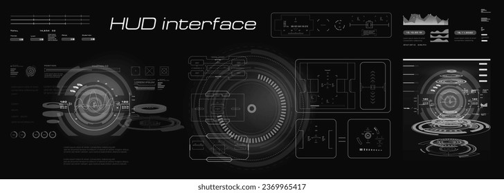 Futuristic cyber panel with navigation devices and sights focusing automatic targeting system in HUD style. Luminous visual indication interface. Virtual target with HUD dashboard