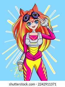 Futuristic Cyber punk Anime girl with sunglasses and robotically costume.  Digital Manga women on blue background. Cyberpunk girl.  Asian school girl with hot hair illustration