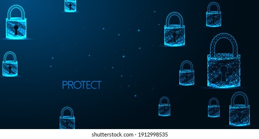 Futuristic Cyber Security Banner Concept With Glowing Low Polygonal Padlocks With A Key Hole On Dark Blue Background. Modern Wire Frame Mesh Design Vector Illustration.