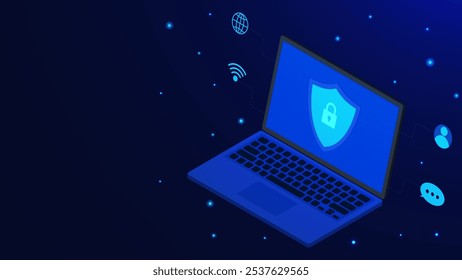 Concepto de seguridad cibernética futurista. Ordenador portátil isométrico 3D, escudo, candado, wi-fi, Web, chat, datos de usuario y tecnología de Internet de seguridad sobre fondo azul oscuro. Ilustración vectorial