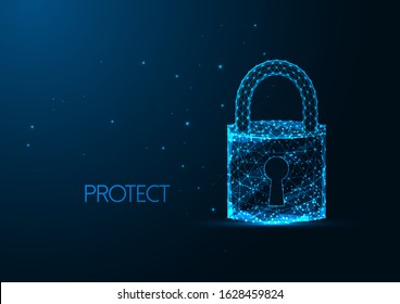 Futuristic cyber security concept with glowing low polygonal padlock with a key hole isolated on dark blue background. Modern wire frame mesh design vector illustration.