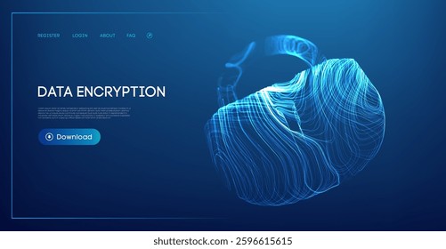 Futuristic cyber security digital lock representing data encryption. Blue technology background. Ppt webinar presentation bg for banner template.