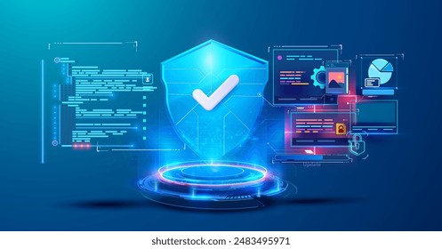 A futuristic cyber security illustration featuring a digital shield with a check mark, surrounded by code and interface elements. Perfect for representing online security, data protection, and tech.