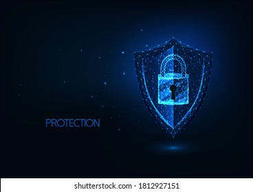 Futuristic cyber security, protection concept with glowing low polygonal protective shield and padlock with access keyhole on dark blue background. Modern wireframe mesh design vector illustration.