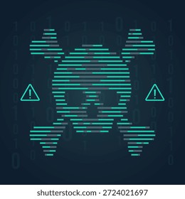 Ícone de crânio de segurança cibernética futurista feito de linhas de varredura digital em um fundo de código binário. Perfeito para representar hackers, ameaças de malware, violação de dados e conceitos avançados de crimes cibernéticos. hacker