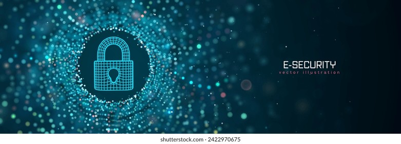 Futuristic cyber security vector illustration. Wireframe  closed lock on blue blur background. Padlock technology, cybersecurity, and digital connection.