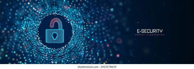 Futuristic cyber security vector illustration. Wireframe open lock on blue blur background. Padlock technology, cybersecurity, and digital connection.