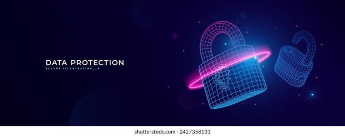 Futuristic cyber security vector illustration. Data security scanning. Wireframe locks on blue background. Padlock technology, cybersecurity, and digital encryption.