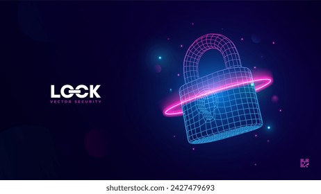 Futuristic cyber security vector illustration. Data security scanning. Wireframe lock on blue abstract background. Padlock scanning technology, cybersecurity, and digital encryption.