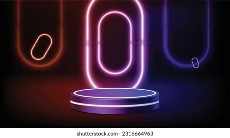 Futuristische Cyber-Bühne mit 3D-blauem Neon-Podium-Glühen zur Produktdarstellung im Dunkeln