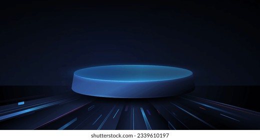 Futuristic cyber stage with 3d blue neon podium glowing for Product display presentation in darkness