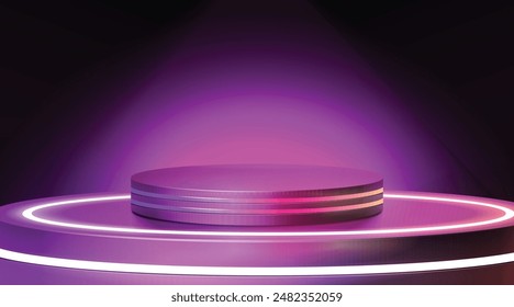 Futuristic cyber stage with 3d blue neon podium glowing for Product display presentation in darkness