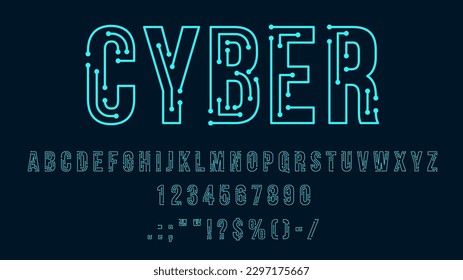 Futuristic cyber tech font, modern type, neon typeface and alphabet. Digital latin alphabet numeral and special symbols, ABC vector letters and digits or computer motherboard traces font typeset