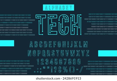 Fuente cibertecnológica futurista, fuente de neón, tipo moderno, letras del alfabeto inglés, dígitos y signos de puntuación. Vector de microcircuito de chip azul brillante abc caracteres en mayúsculas, señales eléctricas