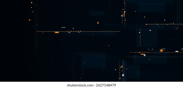 Fondo de Tecnología cibernética futurista con líneas digitales naranjas y blancas sobre fondo oscuro y circuito de interfaz de luz brillante