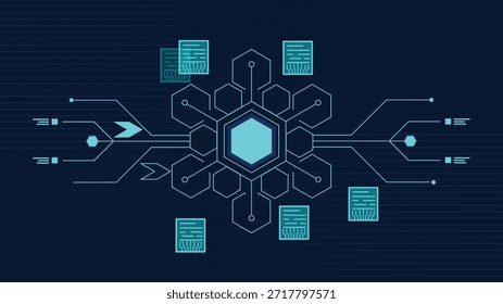 Fondo de tecnología cibernética futurista con núcleo hexagonal brillante y red de datos digitales ideal para la programación de análisis de seguridad de blockchain de IA y gráficos tecnológicos modernos