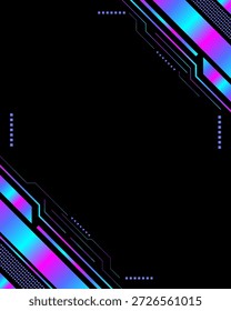 Futuristischer Cyber-Technologie-Rahmen mit neonblauen und violetten Farbverläufen und digitalen geometrischen Linien auf schwarzem Hintergrund für Spiele und technisches Layout-Design