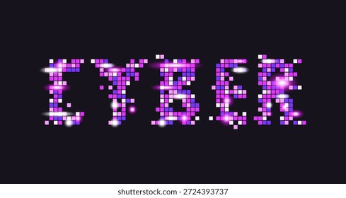 Texto futurista de CYBER con efecto de pixel art de fallo digital. Cuadrados de mosaico brillante púrpura y rosa de neón sobre fondo oscuro, tipografía moderna de alta tecnología para seguridad cibernética y conceptos de fintech. Letras CYBER con púrpura vibrante