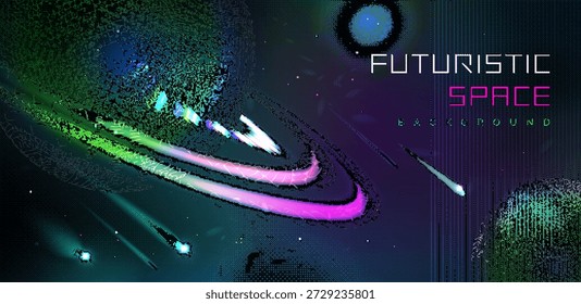 Futuristic Cybernetic Celestial Voyage a Neon Pixel Art Adventure into the Digital Void of Deep Space Exploration and Galactic Wonder