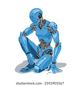 A futuristic cybernetic humanoid robot sits on the ground. Detailed design with metallic elements and blue armor. Sci-fi style illustration inspired by cyberpunk, AI, and advanced technology.