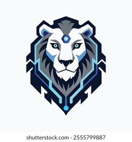 A futuristic cybernetic lion mascot logo featuring a glowing digital circuit mane, piercing blue eyes, and sleek metallic features. Ideal for technology, branding, and innovation themes.