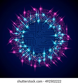Futuristic cybernetic scheme with multidirectional arrows, vector blue motherboard with neon lights. Circular gleam element with circuit board texture.