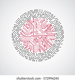 Futuristic cybernetic scheme with multidirectional arrows, vector motherboard red and black illustration. Circular element with circuit board texture.