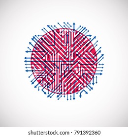 Futuristic cybernetic scheme with multidirectional arrows, vector motherboard blue and red illustration. Circular element with circuit board texture.